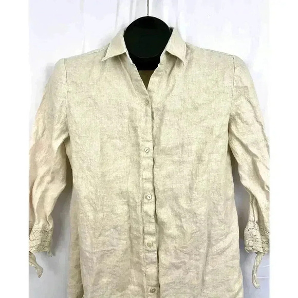 Liz Claiborne Beige 3/4 Sleeve Blouse MEDIUM 100% Linen Crochet - Picture 4 of 11